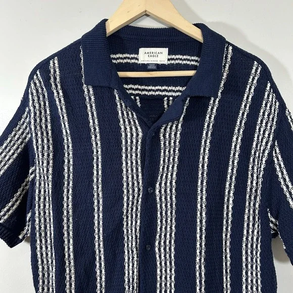 American Eagle Sweater Polo Shirt Mens Medium Blue Crochet Button Through - Picture 2 of 11